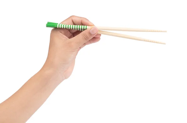 手持木制筷子，白色背景隔离 — 图库照片