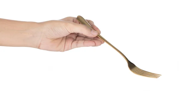 Mão segurando garfo dourado isolado no fundo branco — Fotografia de Stock