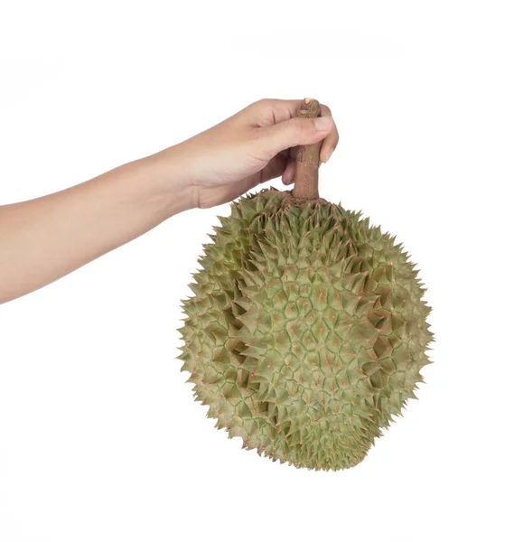 Ręka gospodarstwa Durians owoce izolowane na białym tle — Zdjęcie stockowe
