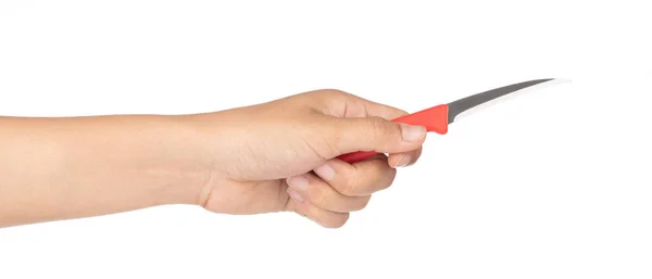Mano sosteniendo cuchillo de tallar fruta aislado sobre un fondo blanco — Foto de Stock