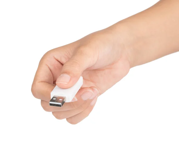 Hand holding A white of USB flash memory isolated on a white bac — Stok Foto