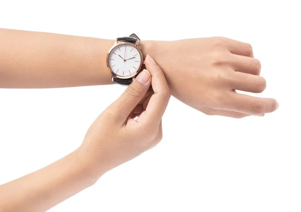 Ρολόι χειρός που κρατά τον καρπό απομονώνονται σε λευκό φόντο — Φωτογραφία Αρχείου