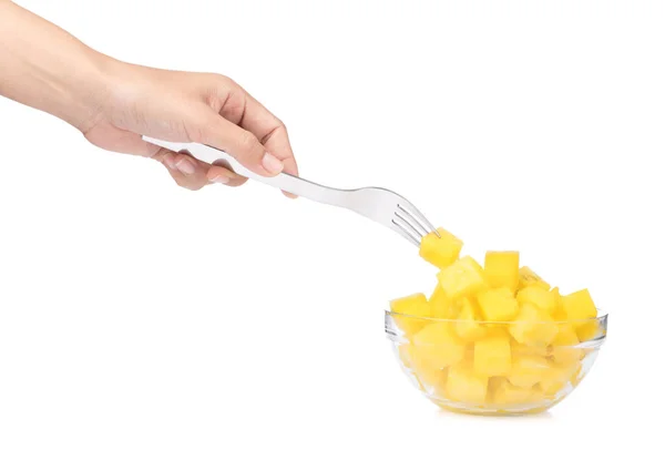 Hand holding fork with cubes of watermelon isolated on white bac — Stockfoto