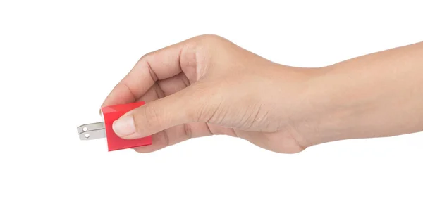 Adaptador de enchufe de mano rojo de USB aislado en bac blanco — Foto de Stock