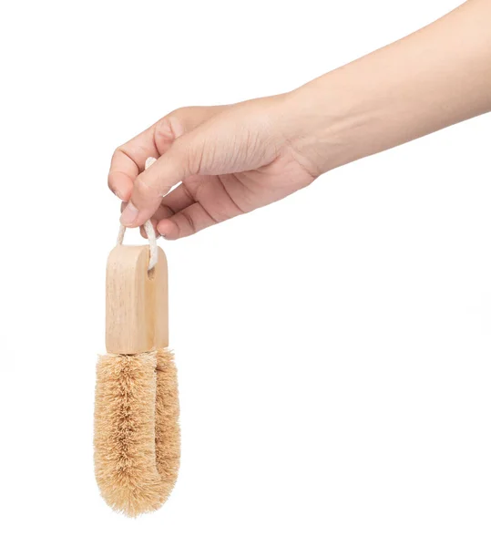 Hand holding Wooden body bath brush isolated on white background — Stock Photo, Image