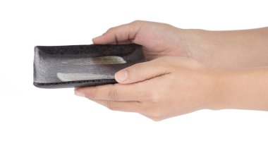 hand holding Rectangular Ceramic Tray isolated on a white backgr