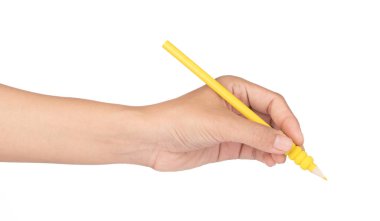 Hand writing with a yellow colored pencils isolated on white bac