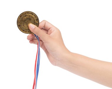 Winner hand raised and holding gold award medal with ribbon isol