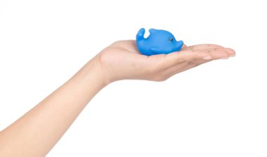 El ele tutuşan Plastik Oyuncak Hayvan beyaz arka planda izole edildi