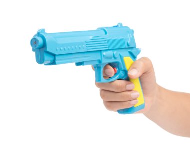 Hand holding Toy plastic gun for child isolated on a white backg