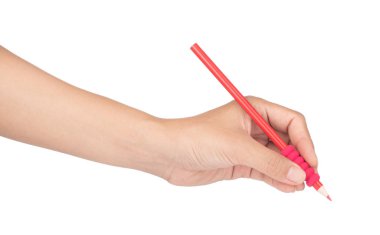 Hand writing with a Red colored pencils isolated on white backgr