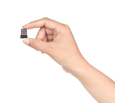 hand holding Small Flash Drive isolated on a white background