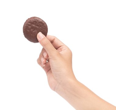 hand holding Chocolate brownie cookie Isolated on a White Backgr