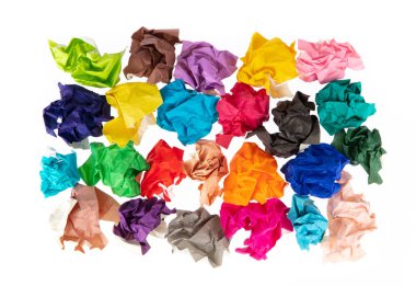 stack of multi colored crumpled paper balls isolated on white ba