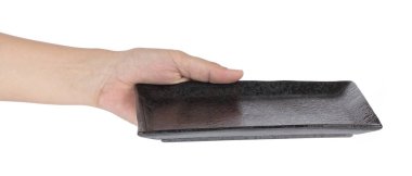 hand holding Rectangular Ceramic Tray isolated on a white backgr