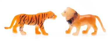 The toy plastic lion Fighting to tiger isolated on white backgro