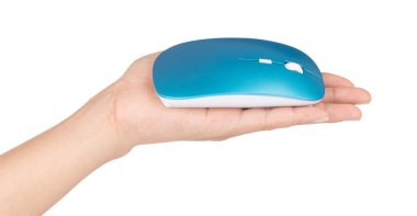 El ele tutuşan kablosuz modern bilgisayar faresi beyaz ba 'da izole