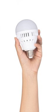 hand holding LED light bulb technology isolated on white backgro