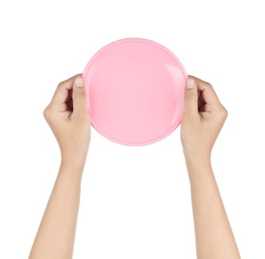 Hand holding Empty Pink plastic plate isolated on white backgrou