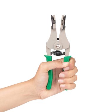 hand holding Adjustable wire stripper isolated on a white backgr