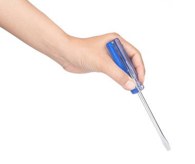 hand holding Blue of screwdriver isolated on white background