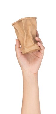 hand holding distorted of cup papers isolated on white backgroun