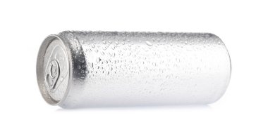 beverage tin can with water drops isolated on white background
