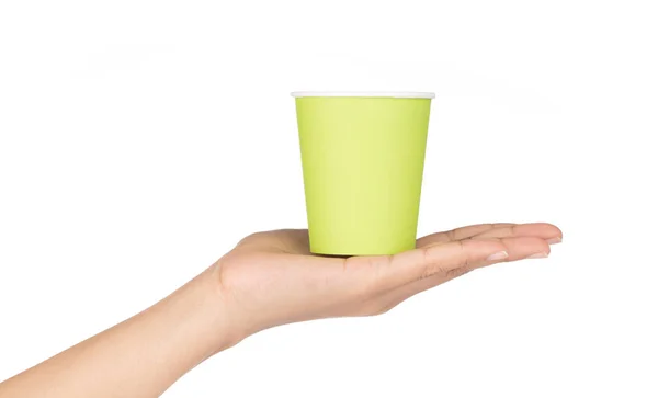 Hand holding Paper cup isolated on white background — Stock Photo, Image