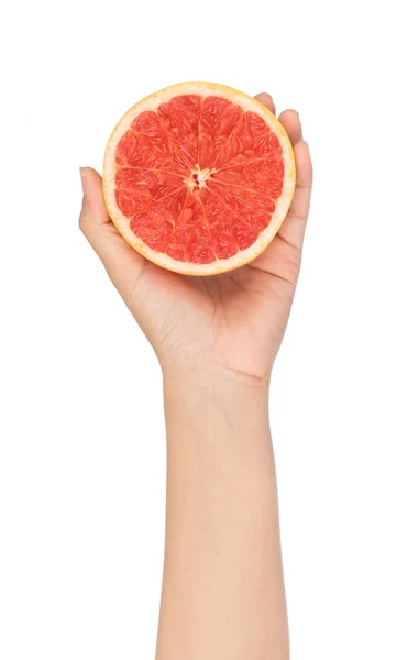 Рука держа спелый грейпфрутовый ломтик изолированы на белом фоне . — стоковое фото
