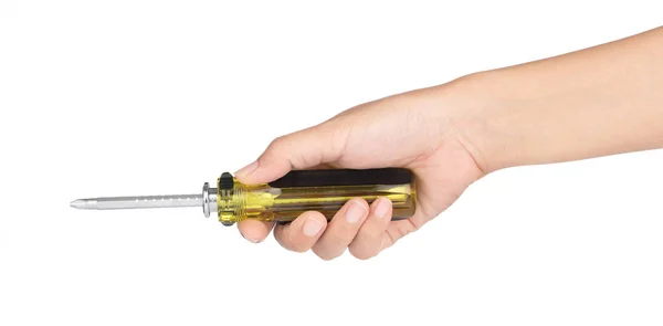 Hand holding Yellow and black handled screwdriver isolated on wh — ストック写真