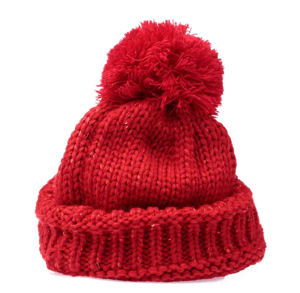 Red Knit Wool Hat with Pom Pom isolated on white background — Stok fotoğraf