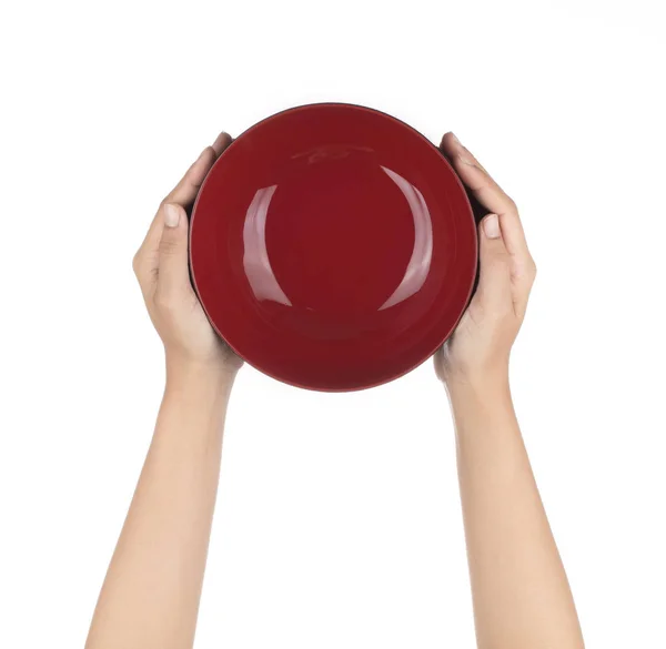 Hands holding Japanese empty bowl isolated on white background — Stockfoto