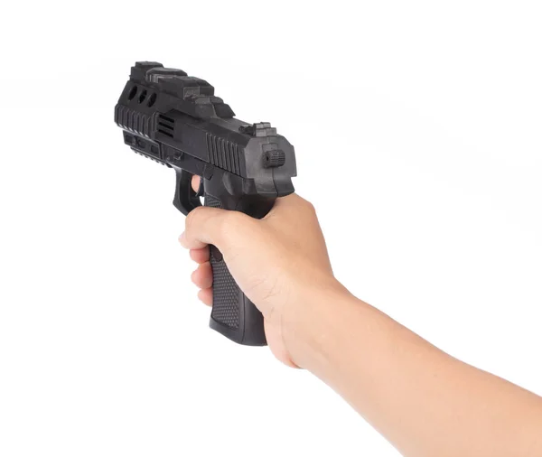 Ręka gra z pistoletu zabawki izolowane na białym tle — Zdjęcie stockowe