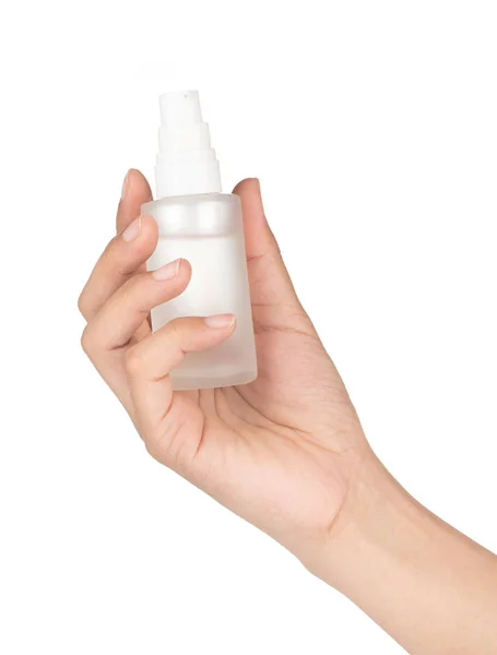 Garrafa recipiente cosmético na mão isolado no fundo branco — Fotografia de Stock