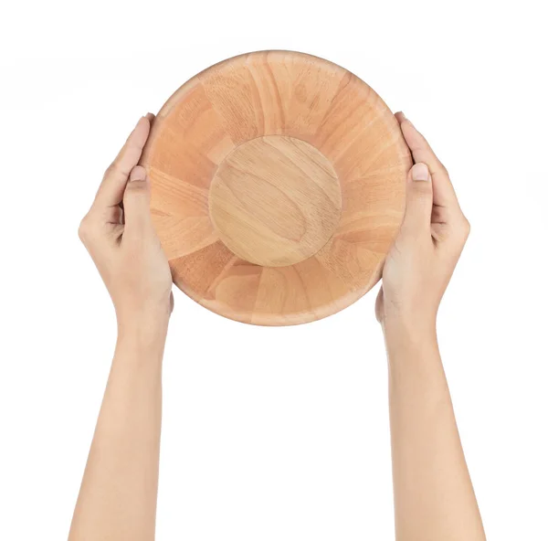 Hand innehav Trä skål isolerad på en vit bakgrund — Stockfoto