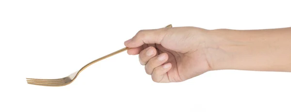 Mão segurando garfo dourado isolado no fundo branco — Fotografia de Stock