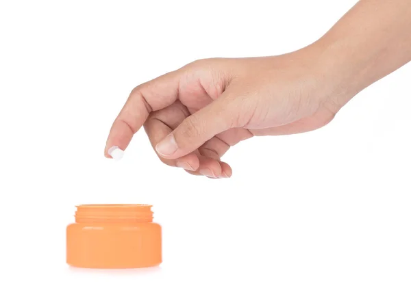 Mujer preparándose para aplicar Crema aislada sobre fondo blanco —  Fotos de Stock