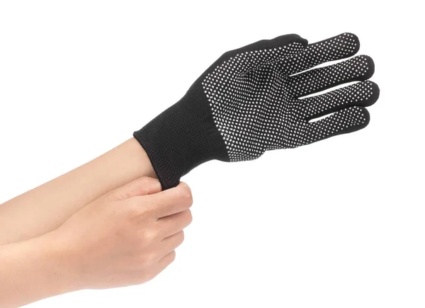Mão usando luvas pretas isoladas no fundo branco — Fotografia de Stock