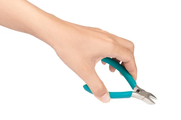 Hand holding Green side cutting pliers isolated on a white backg — Stock Photo, Image