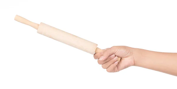 Hand holdinmg hout rollen pin geïsoleerd op witte achtergrond — Stockfoto