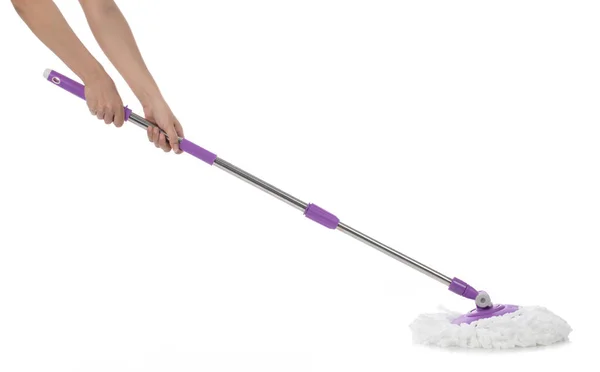 Hand holding a mop cleaning floor isolatedon white background — 图库照片