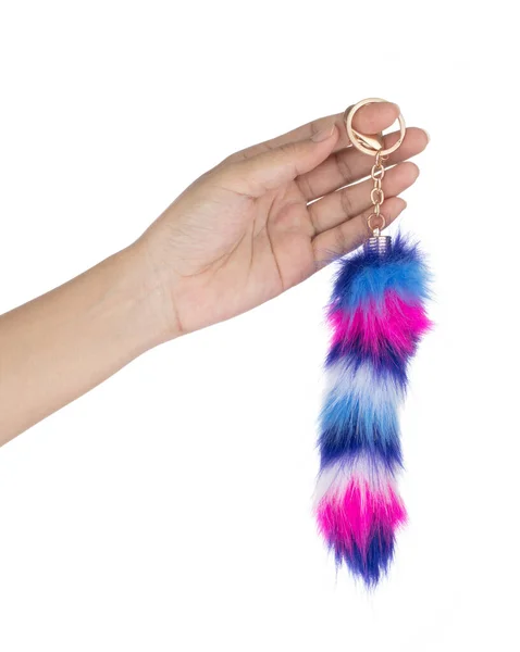 Hand Holding Fox Tail Keychain Fur Isolated White Background — 스톡 사진