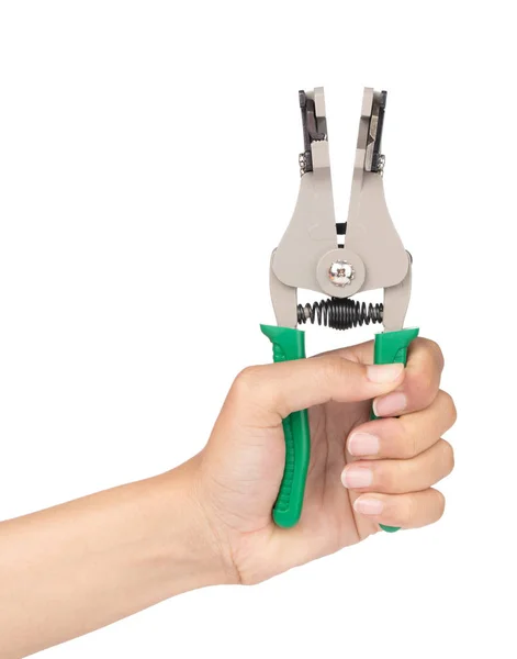 Hand holding Adjustable wire stripper isolated on a white backgr — 스톡 사진