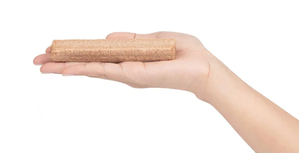 Hand holding Wafers stick isolated on a white background — 图库照片