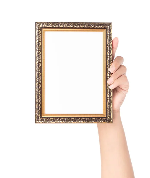 Hand holding wood frame border design is patterned isolated on w — 스톡 사진