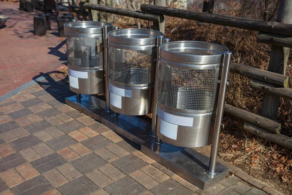 Aluminum garbage recycle bins in the park — Stock Photo, Image