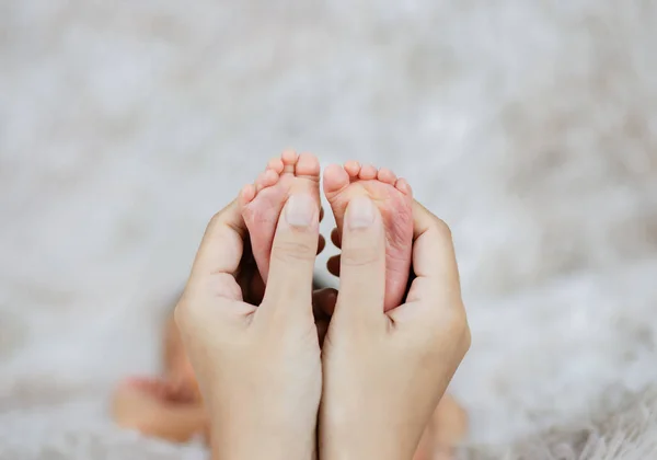 Moeder houden in de handen voeten van pasgeboren baby. — Stockfoto