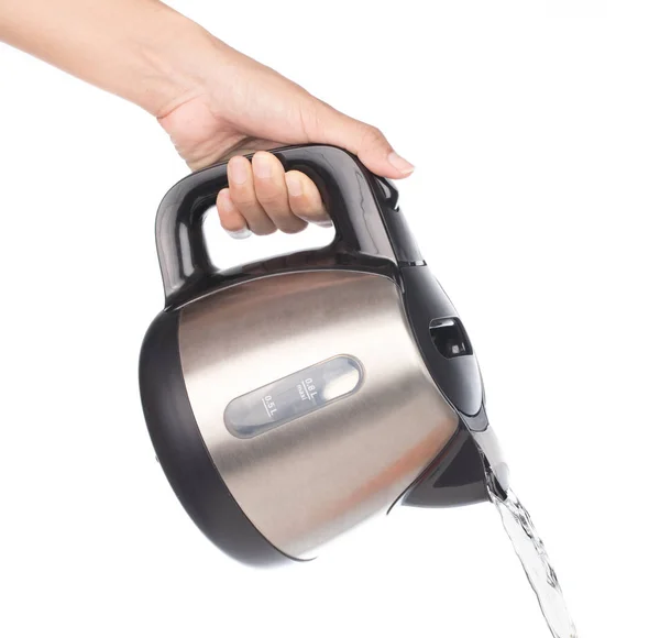 Hand holding Electric stainless steel kettle Pouring water isola — Stock Photo, Image