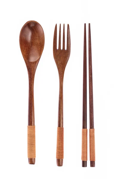 Conjunto de palillos de cuchara de tenedor de madera aislados sobre fondo blanco — Foto de Stock