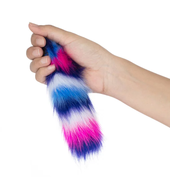 Hand Holding Fox Tail Keychain Fur Isolated White Background — ストック写真